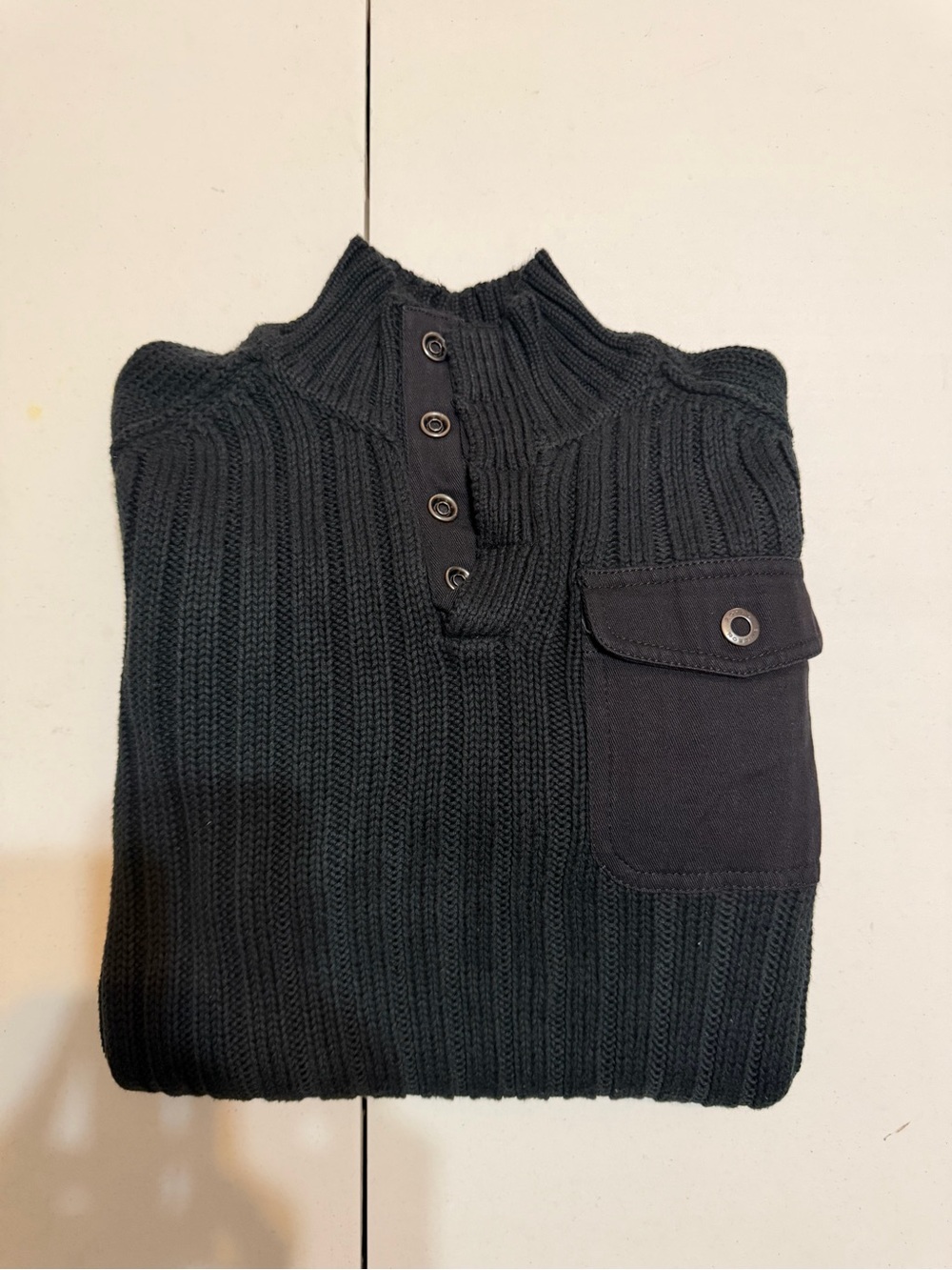 Royal Robbins Men's Black Ribbed Mock Neck Sweater with Button Placket